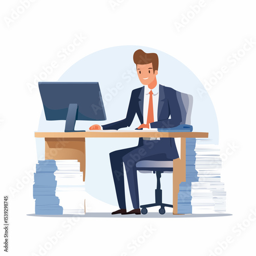 Flat minimalist vector of an office worker man in a suit focused on his computer screen, with piles of paperwork beside him