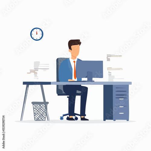 Flat minimalist vector of an office worker man in a suit focused on his computer screen, with piles of paperwork beside him