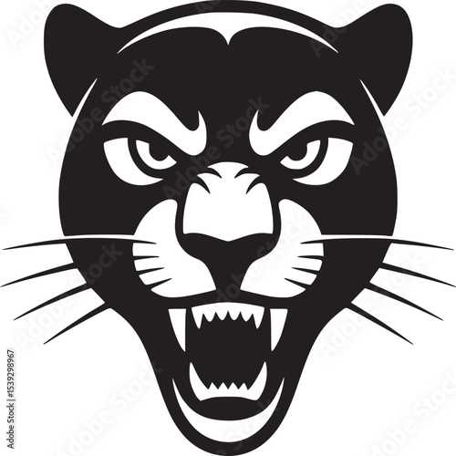 A black and white graphic illustration of a snarling panther head with sharp teeth showing clearly