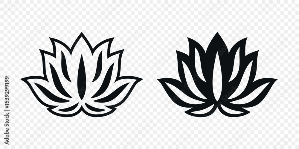 Fototapeta premium Flat Single Color Vector Lotus Flower Icon Set. Monochrome Floral Symbol. Lotus Silhouette Design for Yoga and Spa Logo. Botanical and Nature Emblem Set. Elegant Flower Clipart