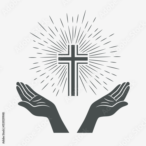 Black and White Open Hands with Cross and Divine Light, Symbol of Faith and Prayer. Design Template for Church Logo. Prayer, Religion Concept Monochrome Cut Out Silhouette Icon. Vector Illustration