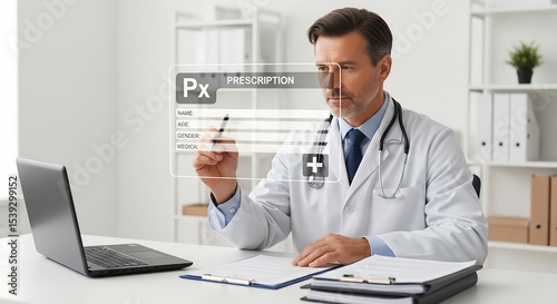 Doctor filling out digital prescription form on holographic screen in office. He is holding a pen & wearing a stethoscope. Desk with laptop and files visible.