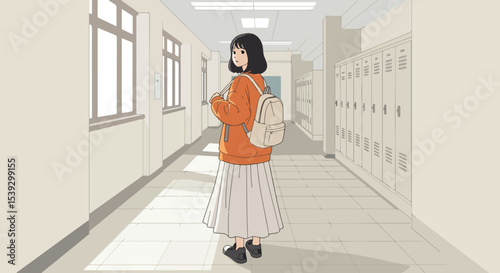 Young female student walking down a school hallway with metallic lockers and a white tiled floor