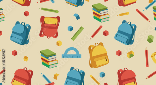 Isometric illustration of colorful school supplies including backpacks, books, pencils, rulers, and protractors
