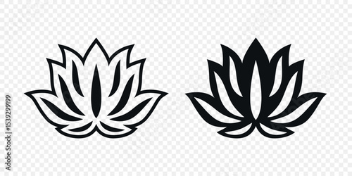 Flat Single Color Vector Lotus Flower Icon Set. Monochrome Floral Symbol. Lotus Silhouette Design for Yoga and Spa Logo. Botanical and Nature Emblem Set. Elegant Flower Clipart