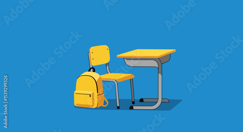 Yellow school desk and chair with backpack on solid blue background