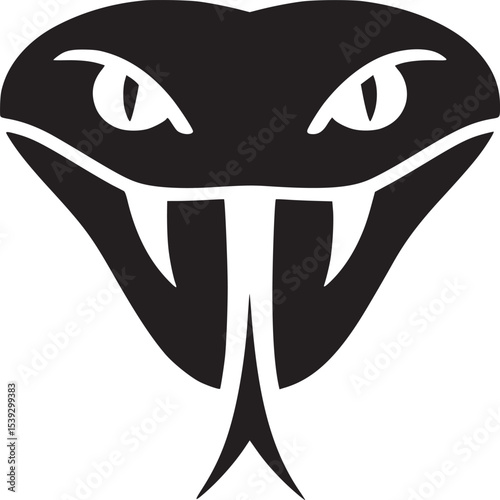 A black and white graphic of a snake head with fangs and a forked tongue on a white background