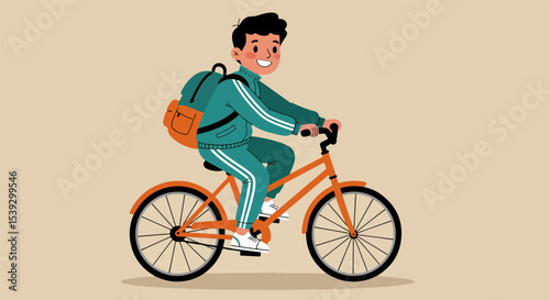 Young man riding an orange bicycle with a cheerful expression, wearing a green tracksuit