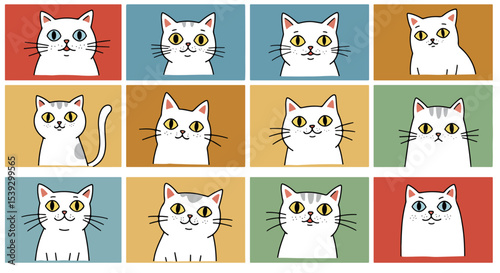 Cartoon white cats with yellow eyes and pink noses in a 3x4 grid of colorful panels