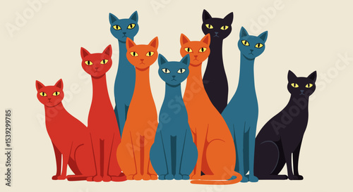 Eight cartoon cats in bold colors arranged in a staggered linear formation
