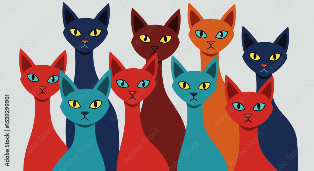 Obraz premium Eight cartoon cats in various colors and poses arranged closely together