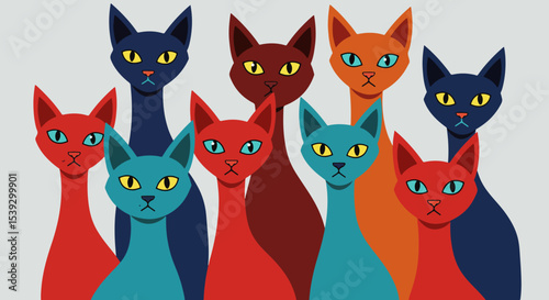 Eight cartoon cats in various colors and poses arranged closely together
