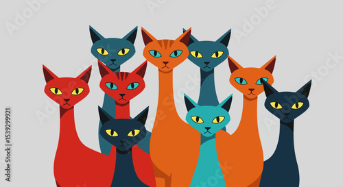 Nine cats in various colors and poses arranged in a layered formation