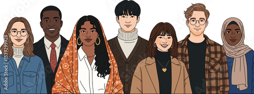 Diverse group of people standing together, representing various cultures, professions, and ages. Stylish individuals in casual and formal outfits, symbolizing unity, inclusivity, and global diversity.