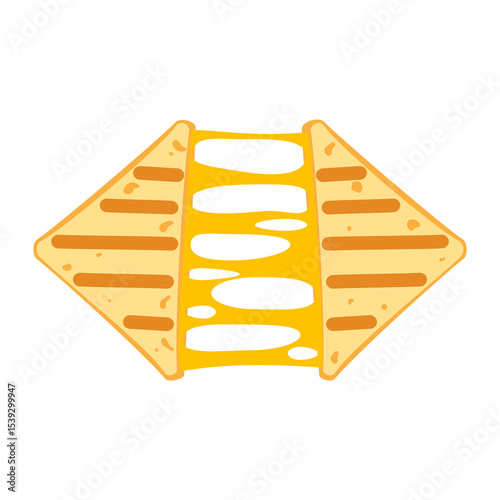 Croissant sandwich bread is pulled apart, revealing melted cheese. Baked bread snack menu, bakery food, and fast food are delicious in cartoon style. Food vector illustration on a white background.
