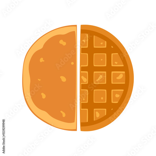 Creative vector illustration showing a circle breakfast divided into half a pancake and half a waffle. Suitable for menu design, bakery, pastry, cooking, food blog, coffee shop and breakfast concept.
