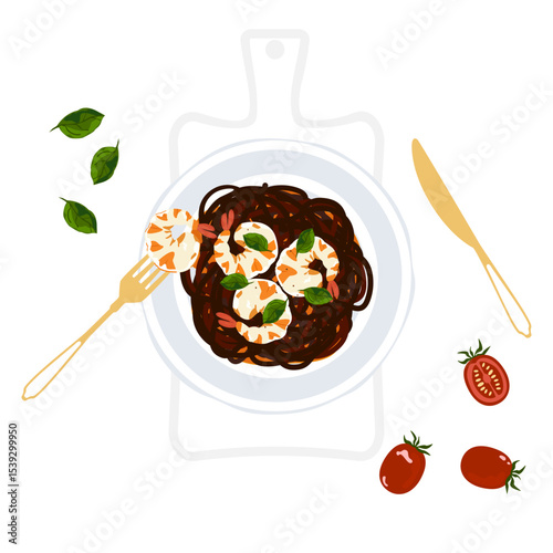 Black spaghetti pasta dish with red tomato sauce, fresh shrimp, knife and fork, delicious and refreshing, top view, delicious food vector illustration set for menu design, poster and background.
