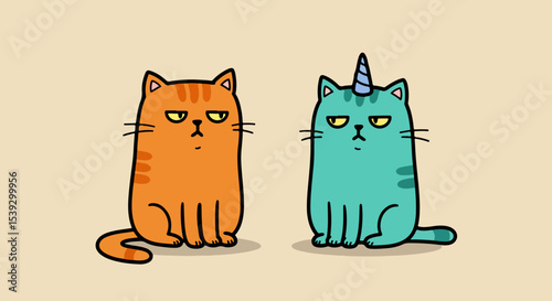 Two anthropomorphized cats with distinct characteristics, one with a unicorn horn, sitting upright on a light beige background