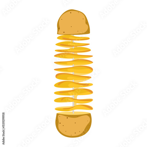 Tornado Potatoes, Crispy twisted potato chips on a stick, delicious and fun, a crunchy street snack. Vector illustration suitable for fast food or other menu items, isolated on a white background.
