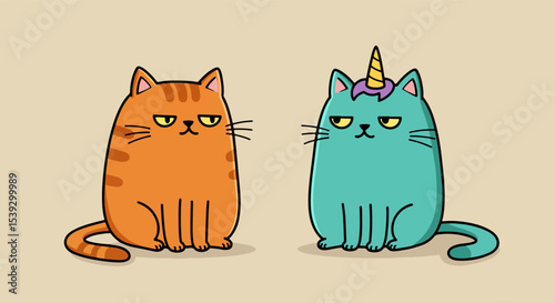 Two anthropomorphized cats with distinct personalities, one with a unicorn horn, seated side by side