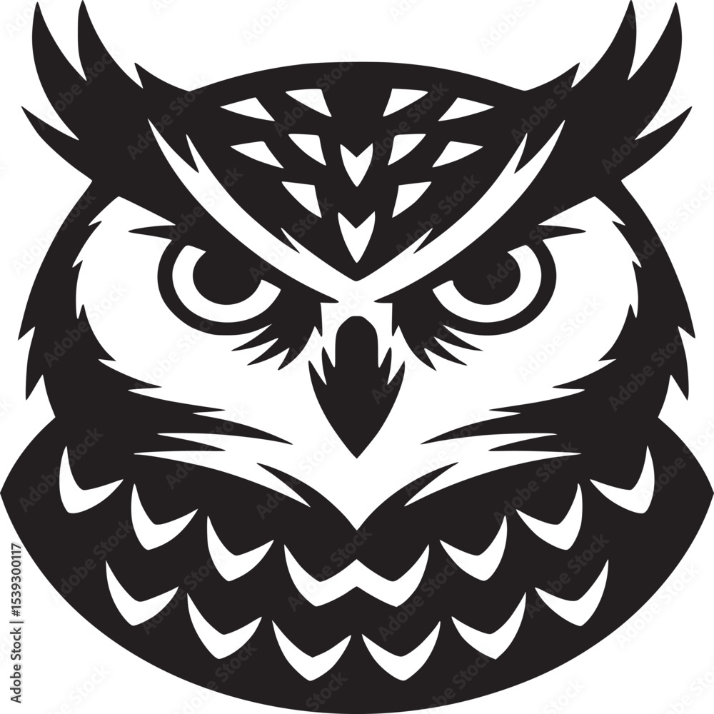 Fototapeta premium A stylized black and white owl head with sharp features on a plain background in a simple design