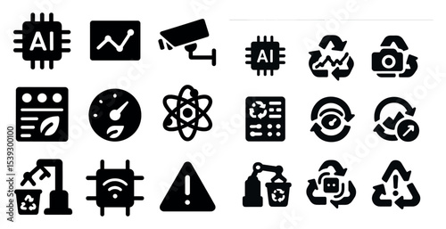 Ai and technology solid icons set – machine learning, digital, data analytics symbols