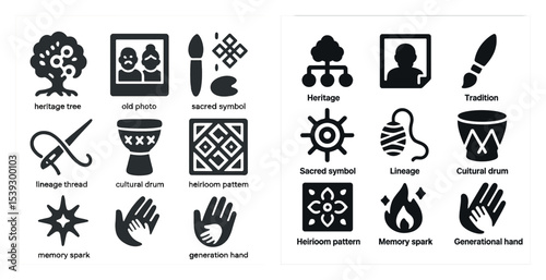 Ancestral heritage solid icons set – traditional, cultural, lineage symbols