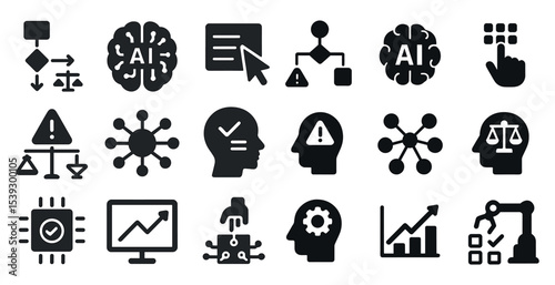 Ai technology silhouette icons set – neural, digital, artificial intelligence symbols