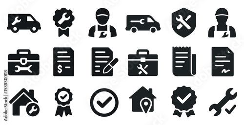Plumbing and repair solid icons set – tools, maintenance, utility graphics