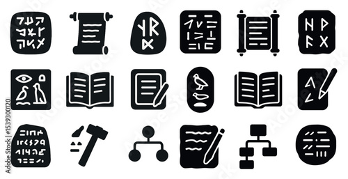 Ancient writing solid icons set – filled, historical, rune and scroll symbols