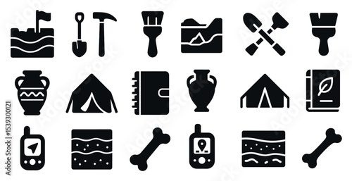 Camping tools solid icons set – flat and filled outdoor adventure symbols