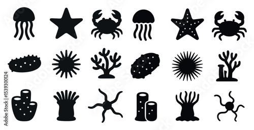 Marine life silhouette icons set – aquatic, ocean, sea animal symbols
