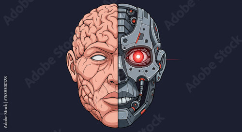 Illustration of human brain and robotic head with glowing red eye