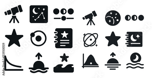 Astronomy and space icons set – solid, filled, cosmic exploration symbols