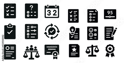Checklist and task management solid icons set – simple, flat, organization symbols