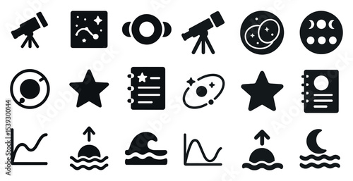 Astronomy and space silhouette icons set – planets, stars, celestial symbols