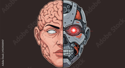 Digital illustration of a human head divided into organic and mechanical halves
