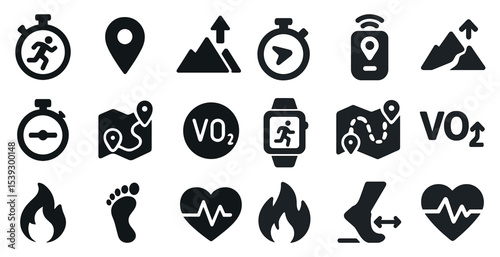 Fitness and activity icons set – solid, filled, health and workout symbols