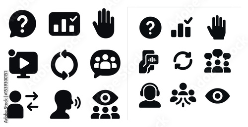 Communication and interaction icons set – solid, filled, user and message signs