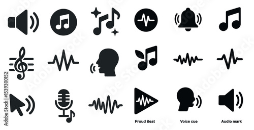 Sound and music icons set – solid, filled, audio and voice design elements