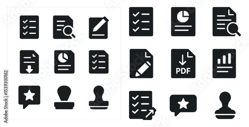 Document management solid icons set – filled, office, organization symbols
