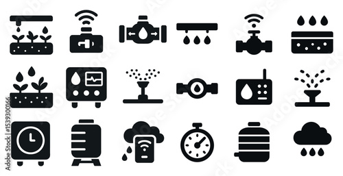 Smart irrigation solid icons set – agriculture, water management, garden technology