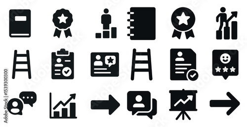 Business growth solid icons set – filled, success, achievement symbols