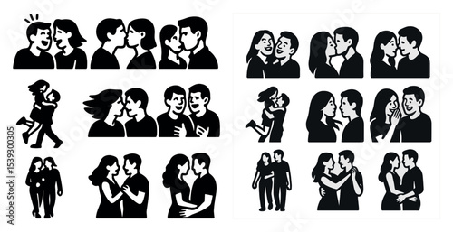 Couples silhouette icons set – solid, filled, romantic and relationship symbols