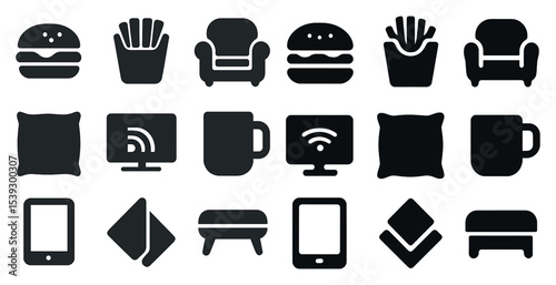 Food and furniture solid icons set – filled, silhouette, dining and interior symbols