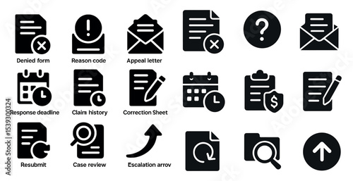Document administration solid icons set – forms, approval, business symbols