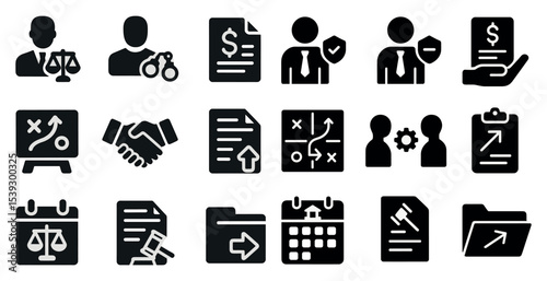 Business and law solid icons set – silhouette, filled, legal and corporate symbols