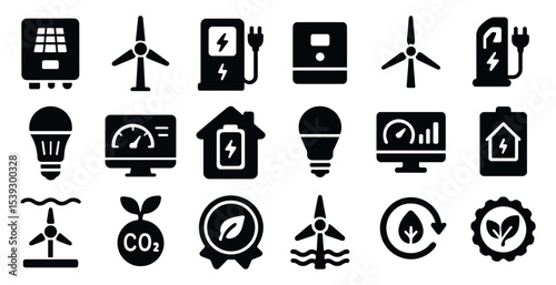 Renewable energy solid icons set – eco-friendly, sustainable power symbols