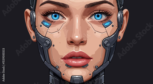Close-up portrait of a female android with blue eyes and metallic enhancements on a dark background