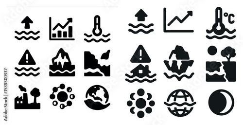 Climate change solid icons set – filled, environment and global warming symbols